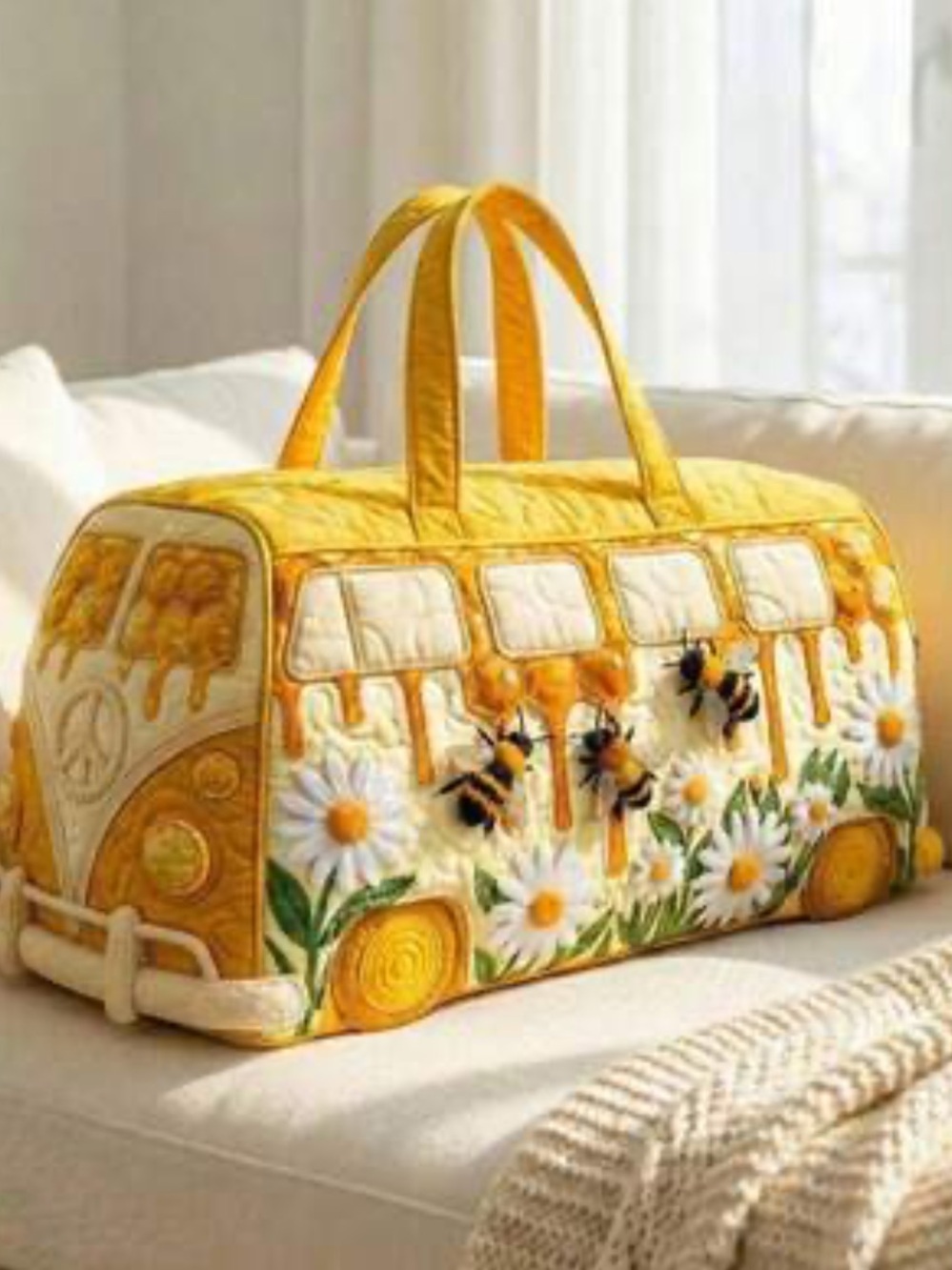 Yellow Floral Hippie Bus Duffle Bag - Quilted Travel Tote Bees Daisy Travel New